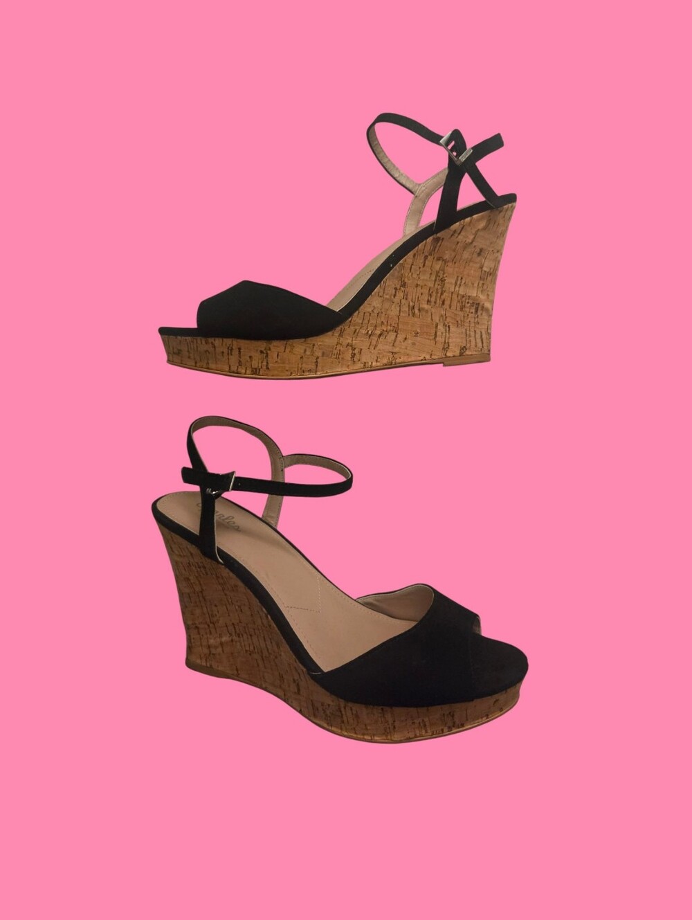 Charles David Black Cork Wedge Sandals with Ankle Strap